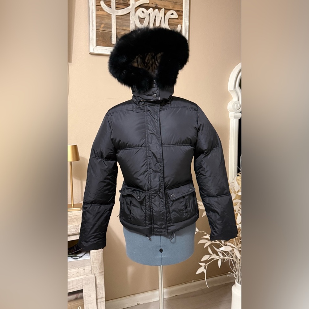 Burberry Black Women's Down Puffer Jacket with Fur-Trim Hood